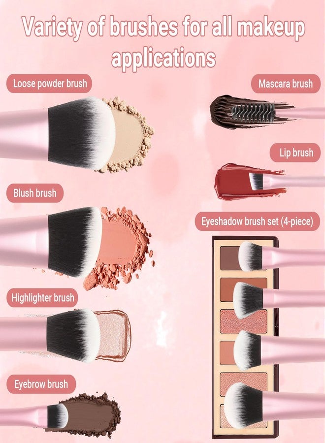 Rimoev 10 Pcs Mini Travel Makeup Brush Set with Pouch, Foundation, Eyeshadow, Blush, Highlighter, Angled Brow & Mascara Brushes - Soft Synthetic Fiber Brushes for On-The-Go & Daily Makeup (Pink) - Image 5